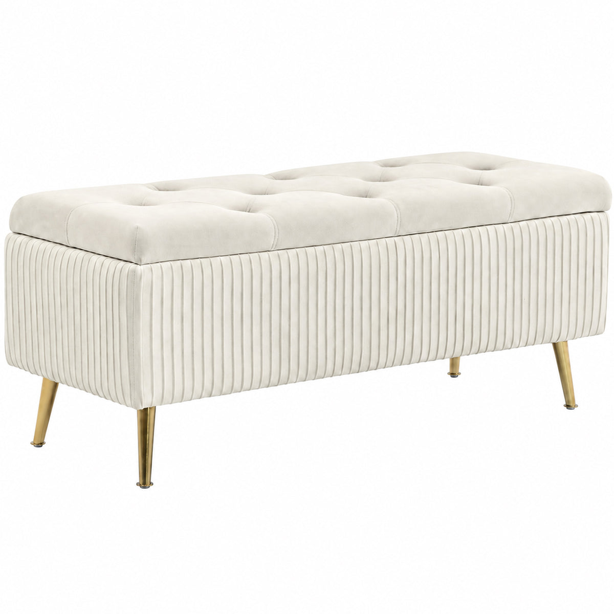 Bench with storage, upholstered bench with velvet look, golden steel legs, bed bench for living room
