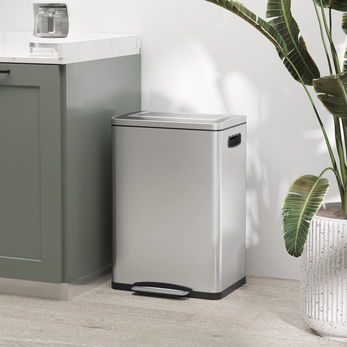 Trash can, waste bin with lid and foot pedal, stainless steel, 2x 20-liter compartments, silver (2)