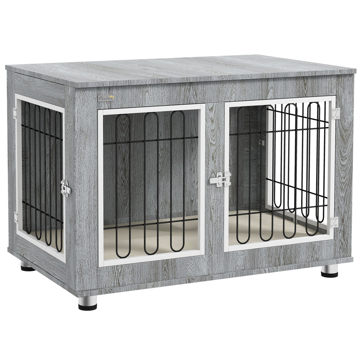 Dog crate, dog box with washable cushion, 2 latches, 90 cm x 58 cm x 65 cm, gray