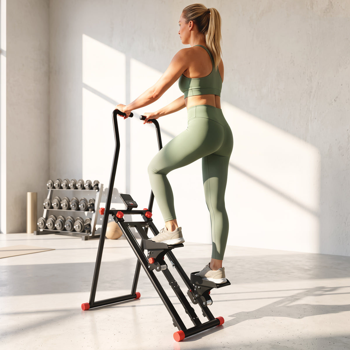 Stair stepper for home use, foldable vertical climber with 3 resistance levels, adjustable handlebars, and LCD (2)