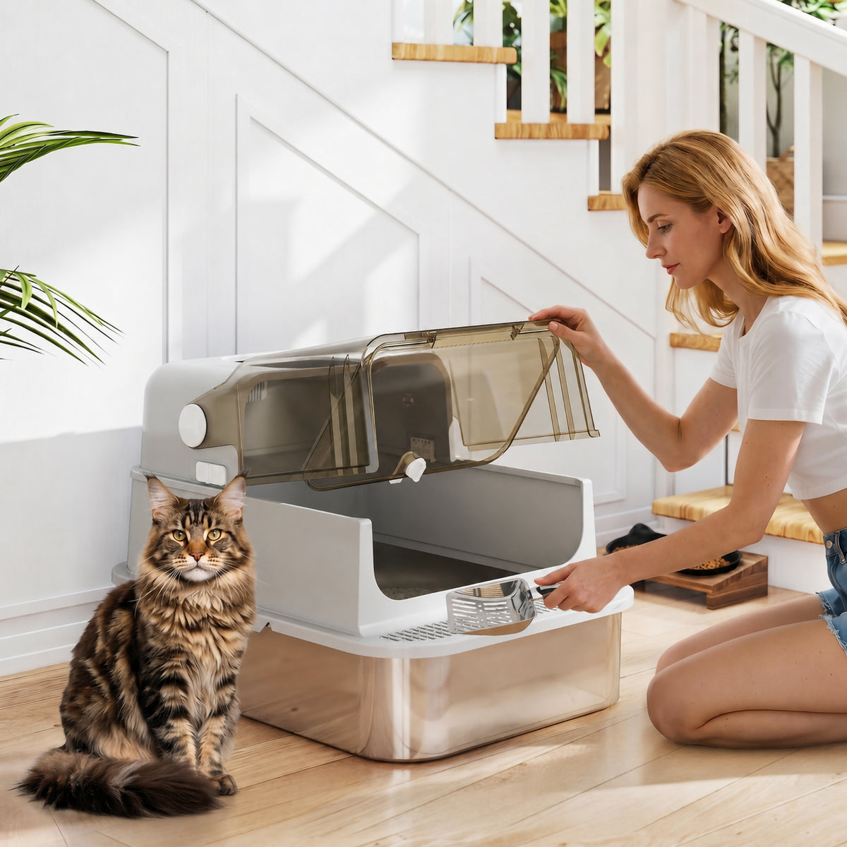 XXL stainless steel litter box with hinged lid, cat litter box with scoop, for large cats up to 15 kg, easy to (2)