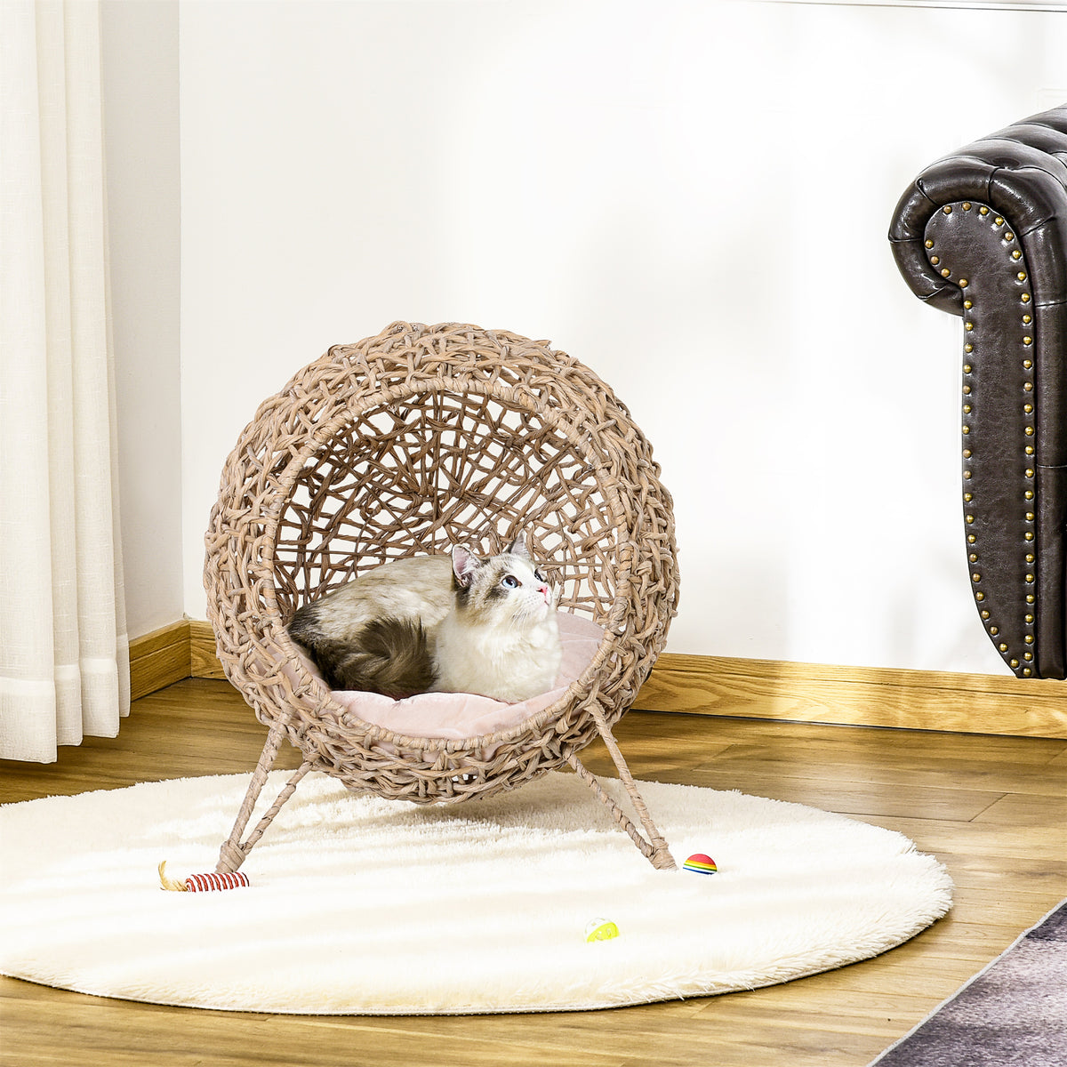 Rattan cat house with cushion, cat bed, cat cave with raised feet, natural, Ø52 x 58 cm (2)