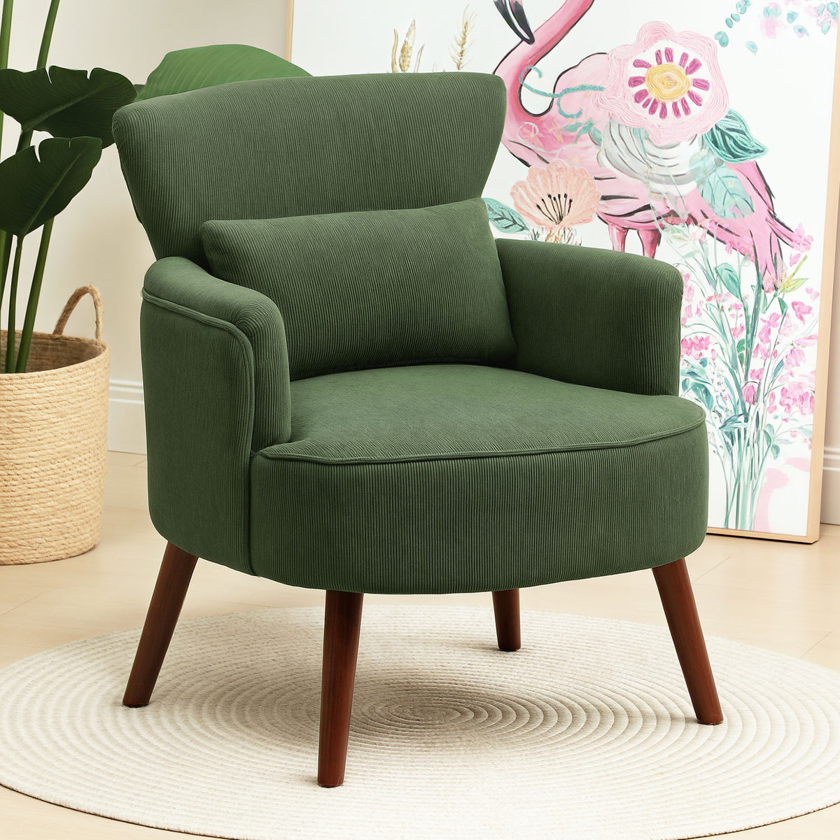 Modern Armchair, Upholstered Accent Chair with Lumbar Pillow, Green (2)