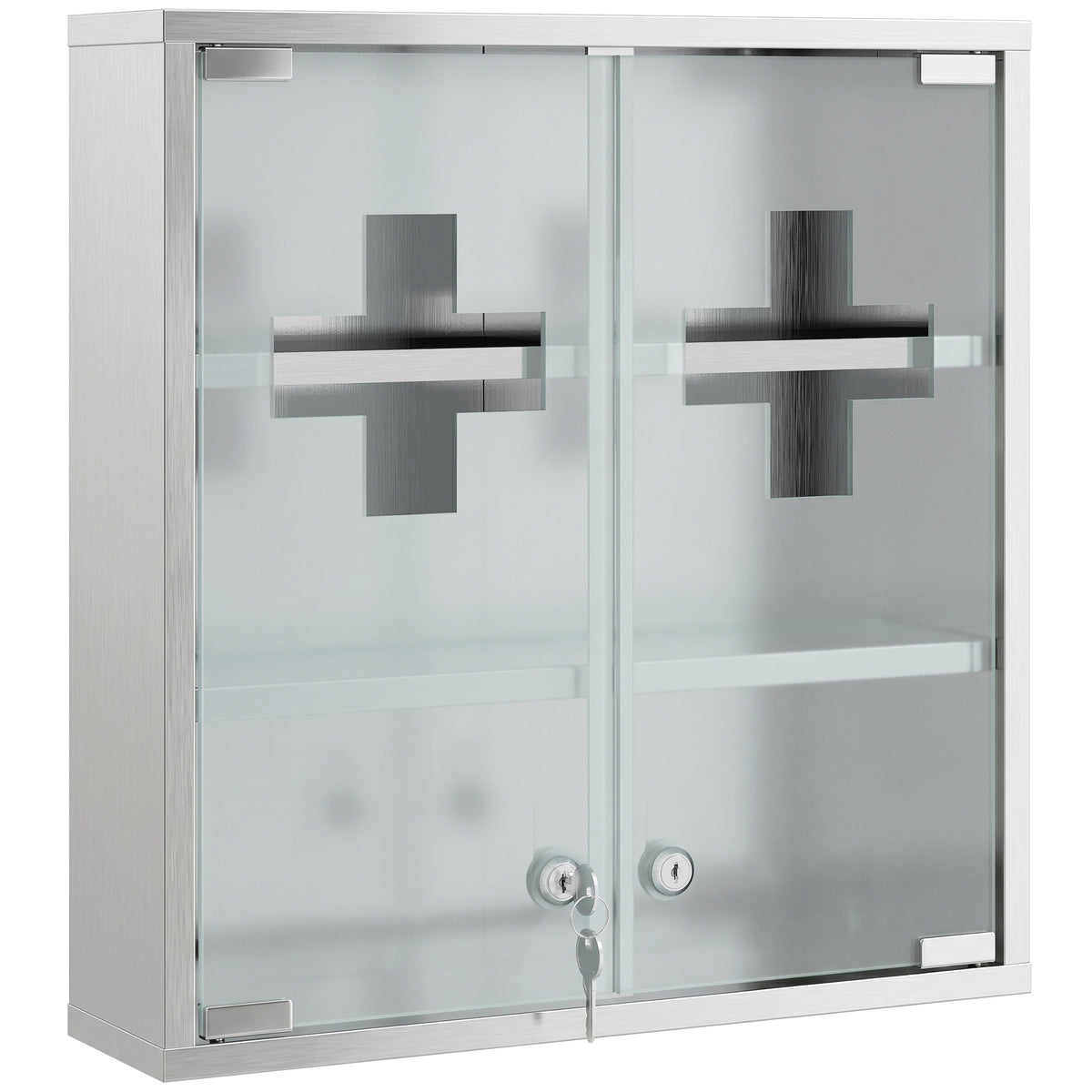 Medicine cabinet, lockable medication cabinet with 2 keys, glass door and 6 shelves, 48 x 46 x 12 cm, silver