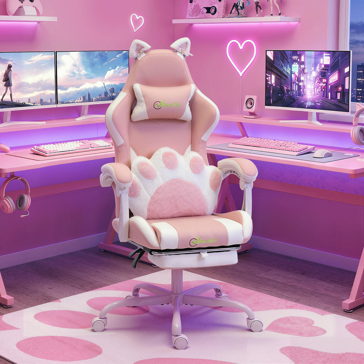 Ergonomic gaming chair, faux leather gamer chair with cat ears, lumbar support, footrest, headrest, pink (2)
