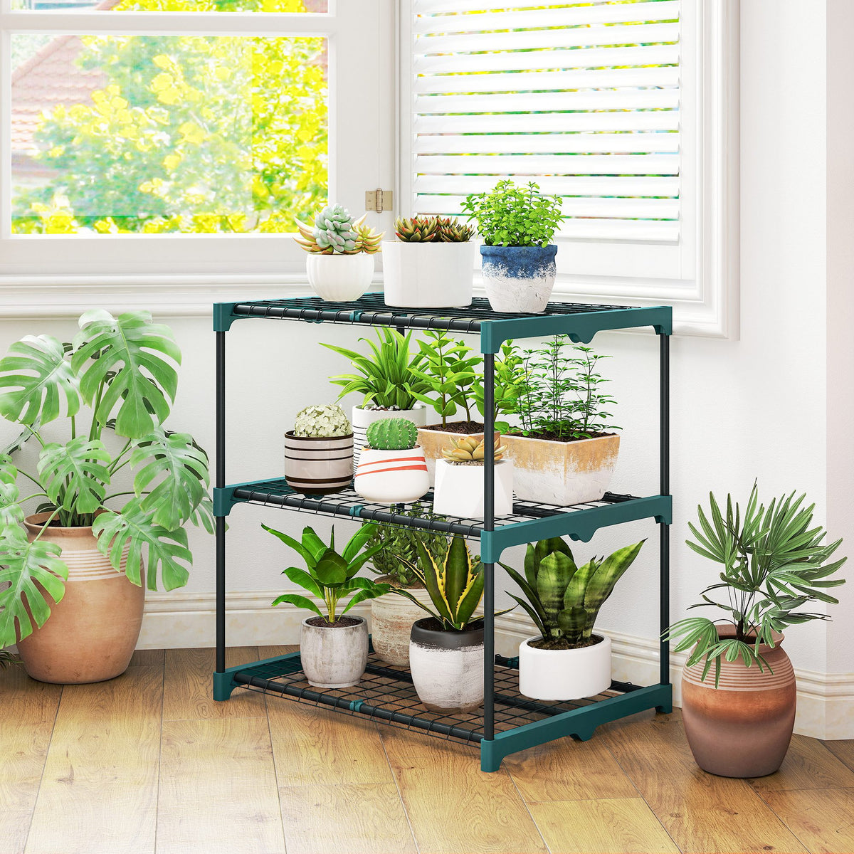 3-tier plant stand, 72 cm high flower stand for indoor and outdoor use, steel plant shelf dark green (2)