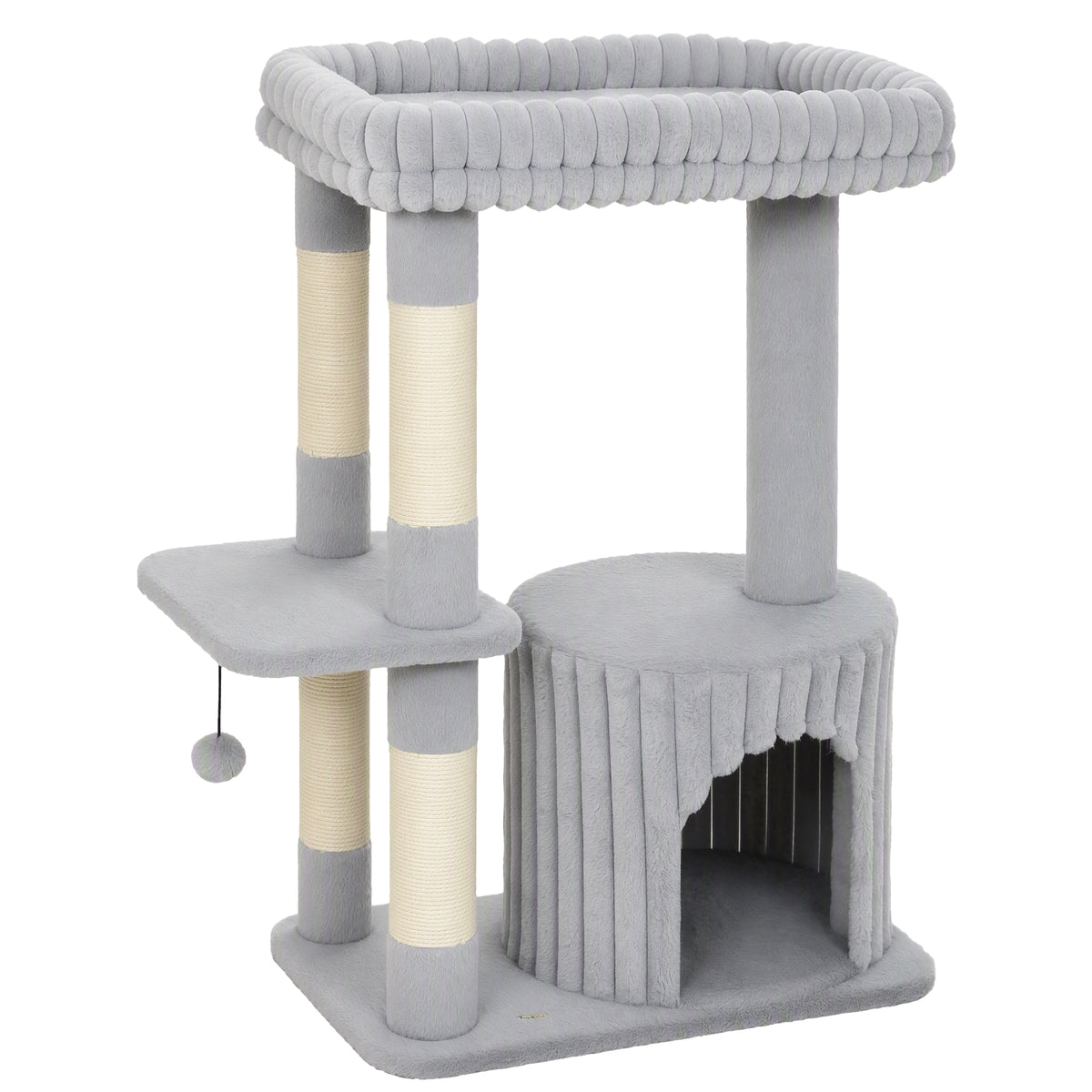 Cat tree, 93 cm 3-tier scratching tree with sisal scratching posts, cozy cave, large lounging area, platform, up