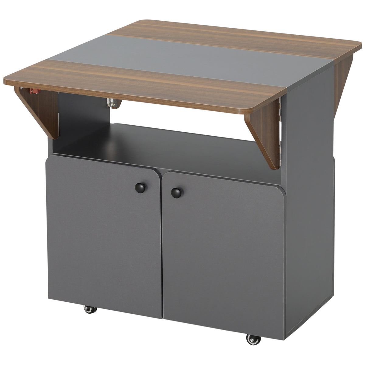 Folding table rolling cabinet, two folding table sides, cabinet compartment, 4 casters, light gray + dark brown