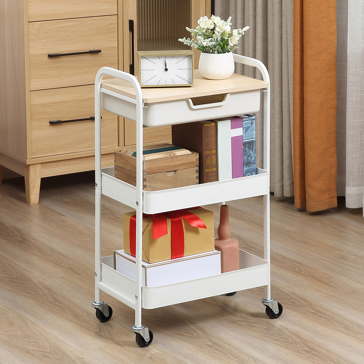 Rolling kitchen cart, 2 shelves, drawer, storage surface, 4 casters, handles, steel, white (2)