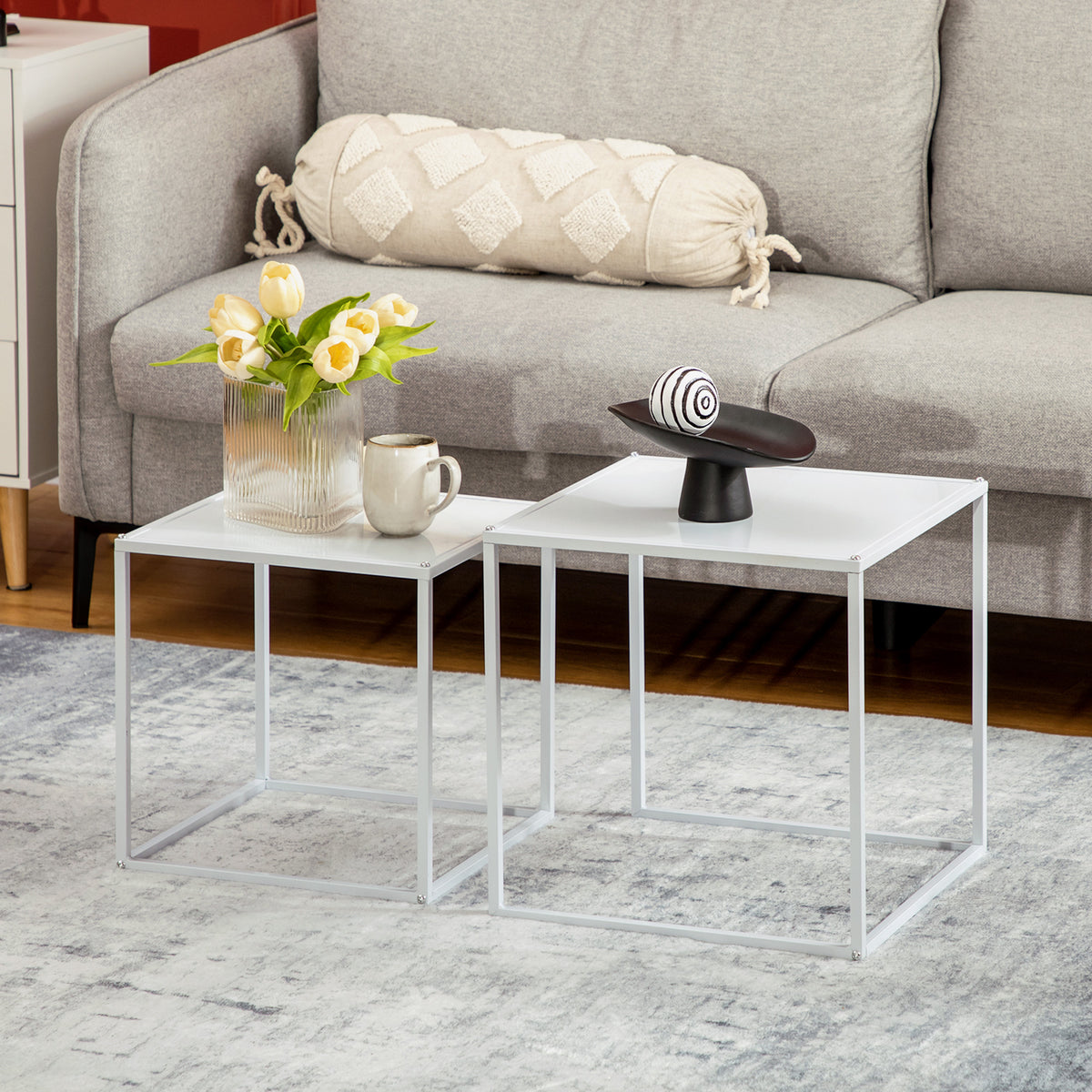 Side table set, modern nesting tables, space-saving, sturdy steel frame, white (2)