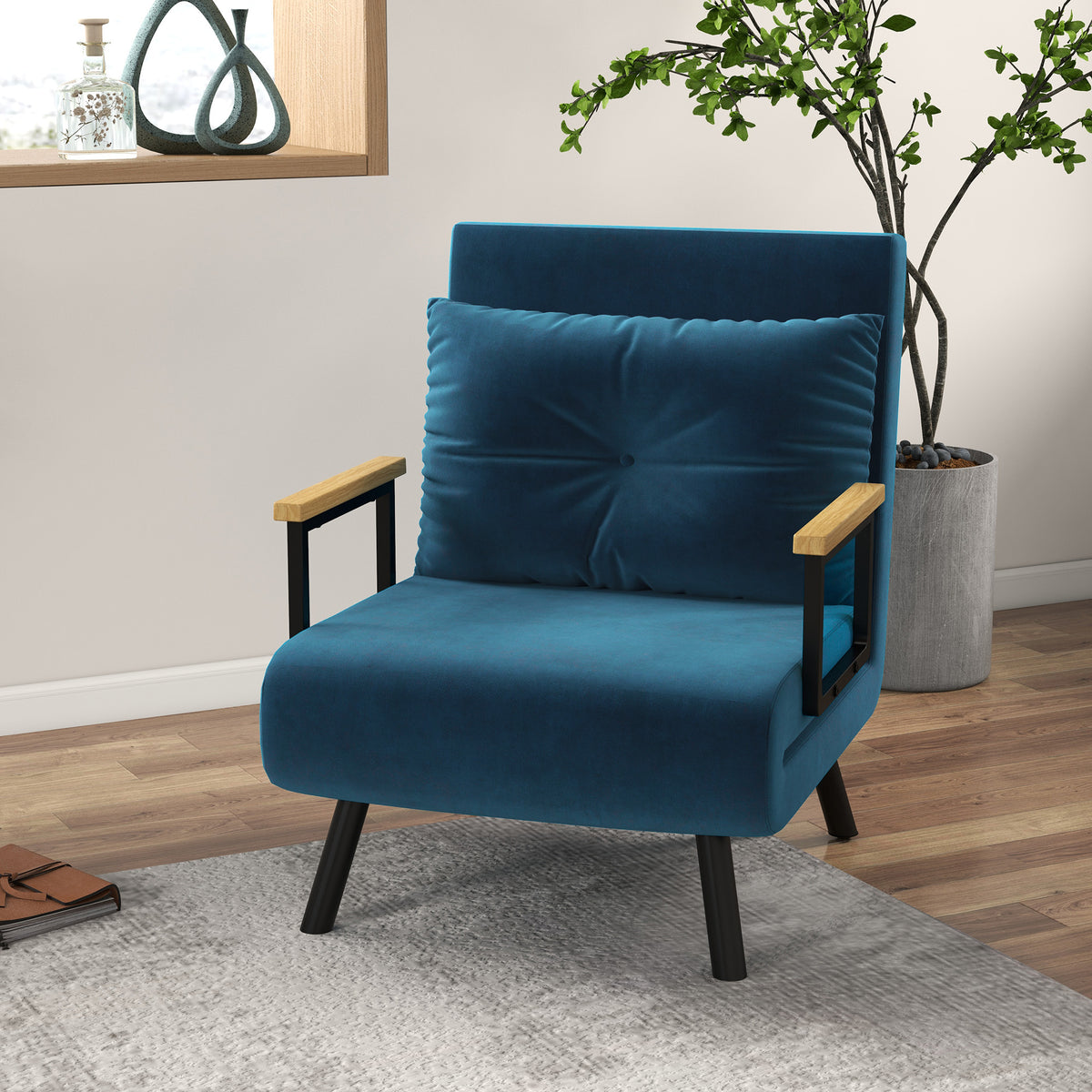Scandinavian-style recliner, lounge chair, reading chair. Incl. button-tufted cushion, black + natural (2)