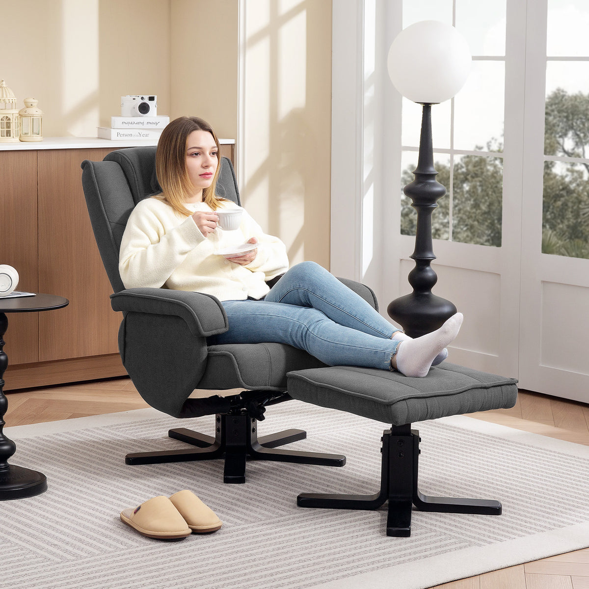 Rocking recliner with footstool, velvet-look fabric cover, swivel upholstered chair, wooden frame, grey (2)