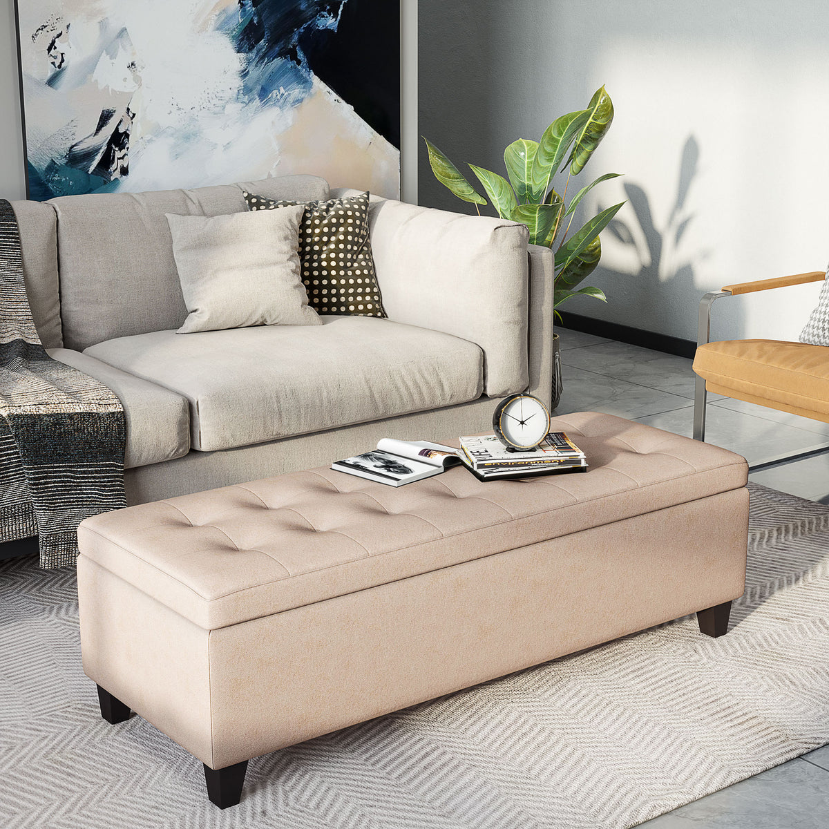 Upholstered bench with storage, button tufting, up to 120 kg, 125 x 49 x 41.5 cm, beige (2)