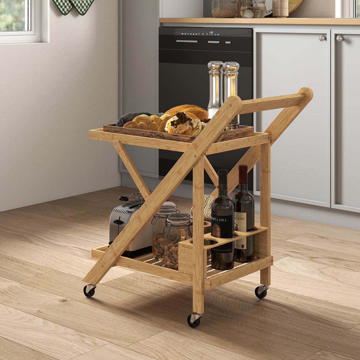 Kitchen trolley on wheels, serving cart with 3 wine racks, 2 trays, for kitchen, dining room, bamboo wood, light (2)