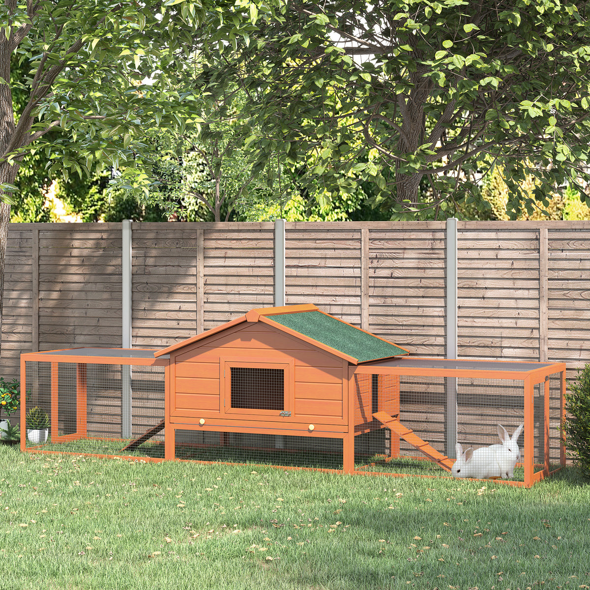 Small animal hutch, small animal cage, 2 outdoor runs, 2 ramps, 309 cm x 79 cm x 86 cm, natural + green (2)