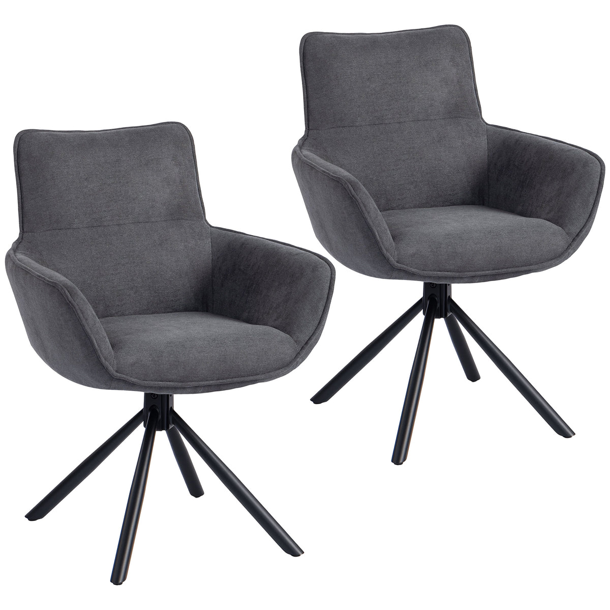 Set of 2 dining chairs, swivel, soft padded, armrests, metal legs, dark gray