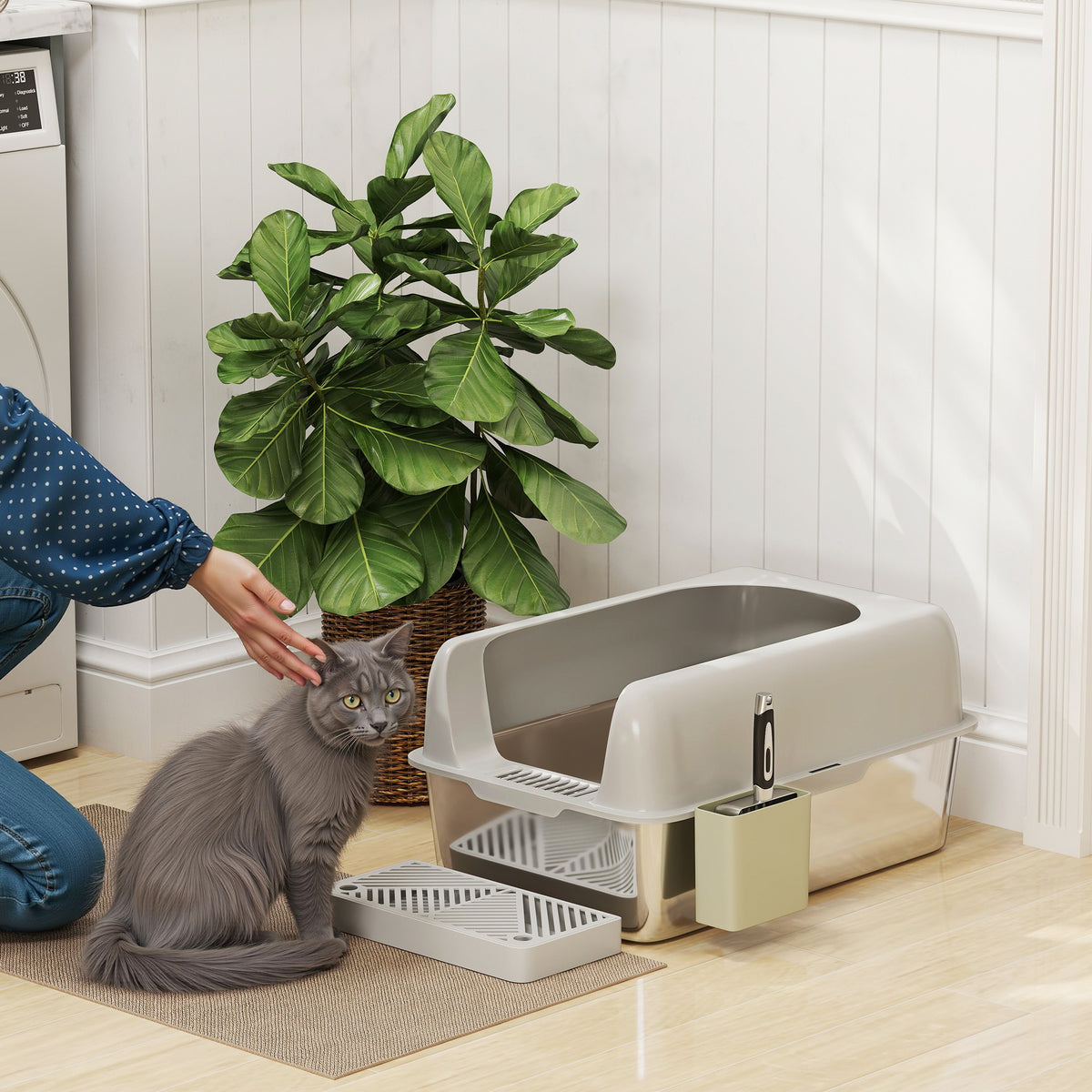 Cat litter box, stainless steel, high sides, storage box, light gray (2)