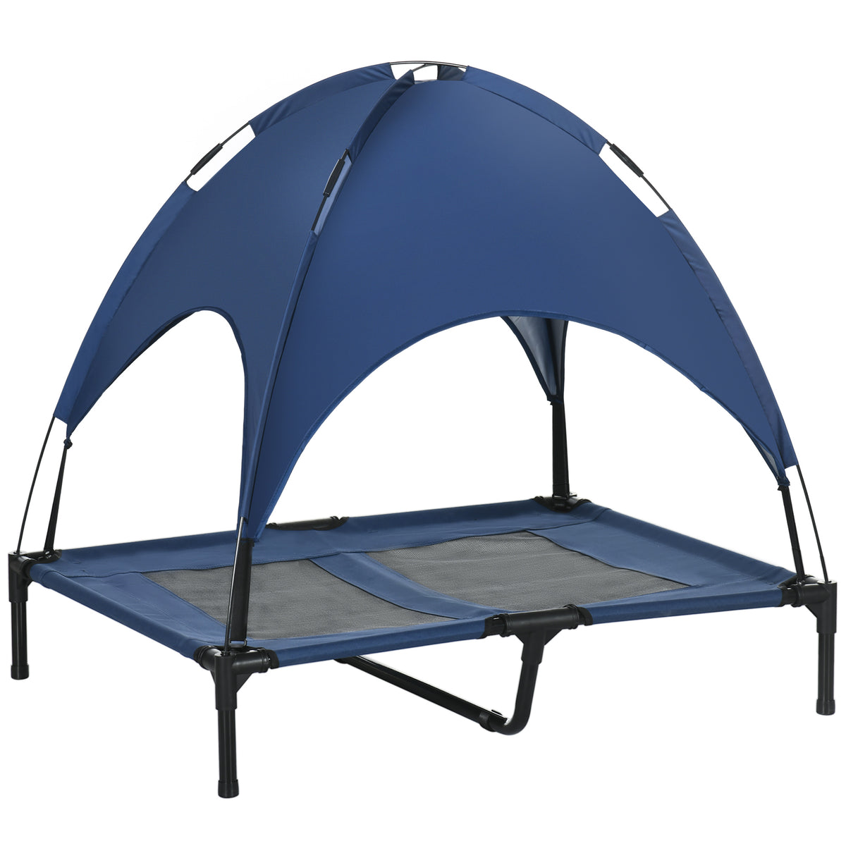 Dog bed with canopy, outdoor dog bed, foldable, elevated, blue + black