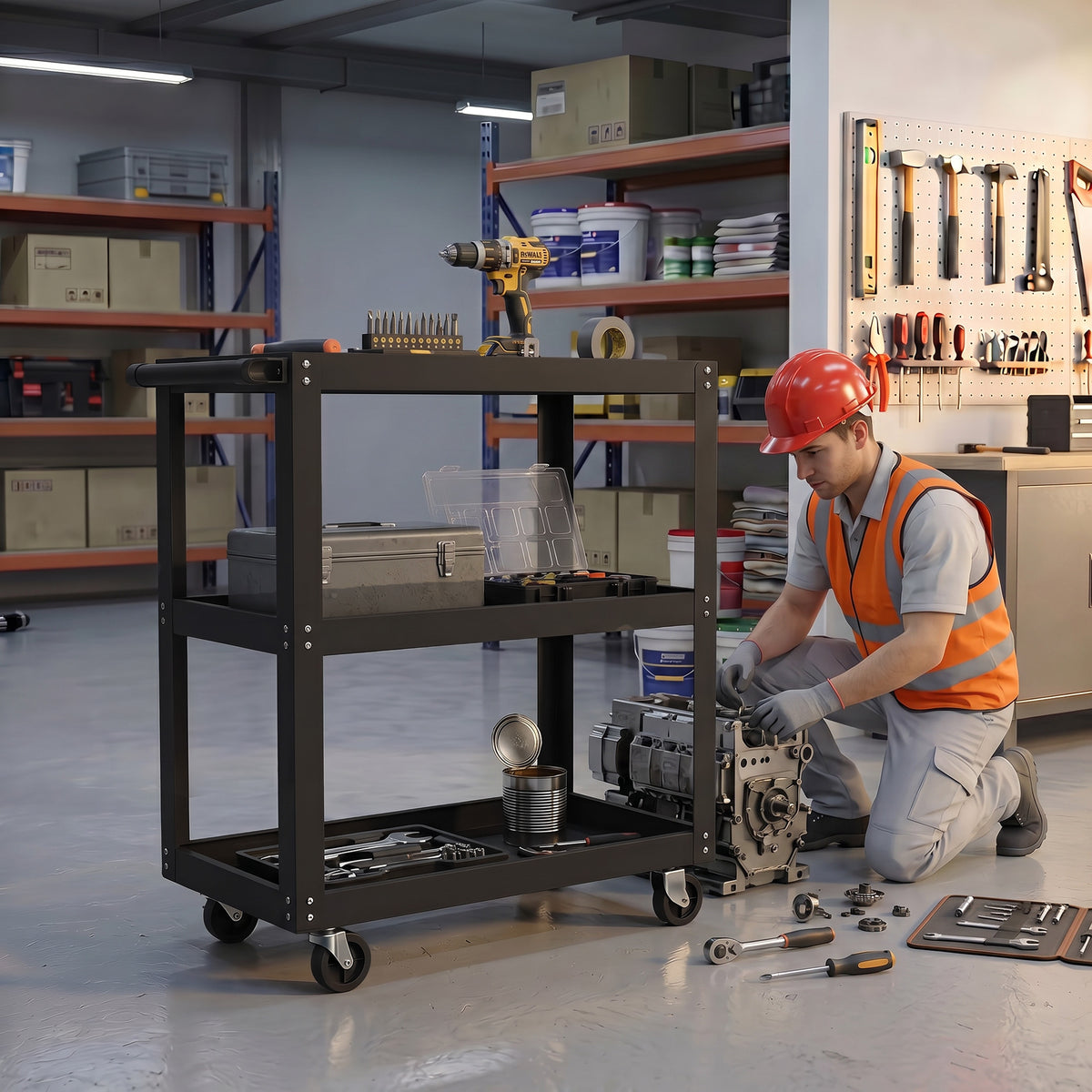 Workshop trolley with 3 shelves and side holder, 4 casters, 70.5 x 35 x 82.5 cm, black (2)