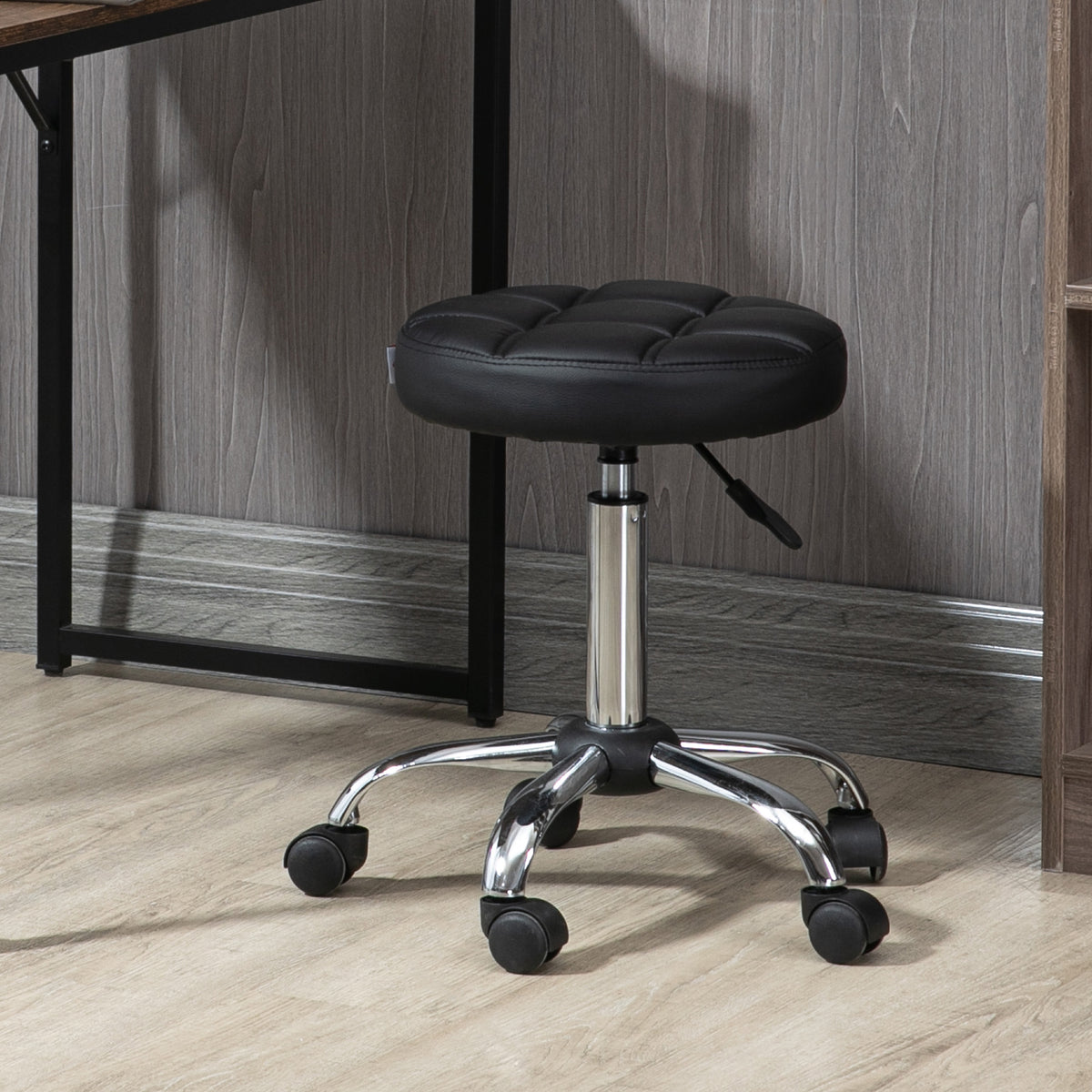 Swivel stool, salon stool, height-adjustable, faux leather, quilted design, black/silver (2)