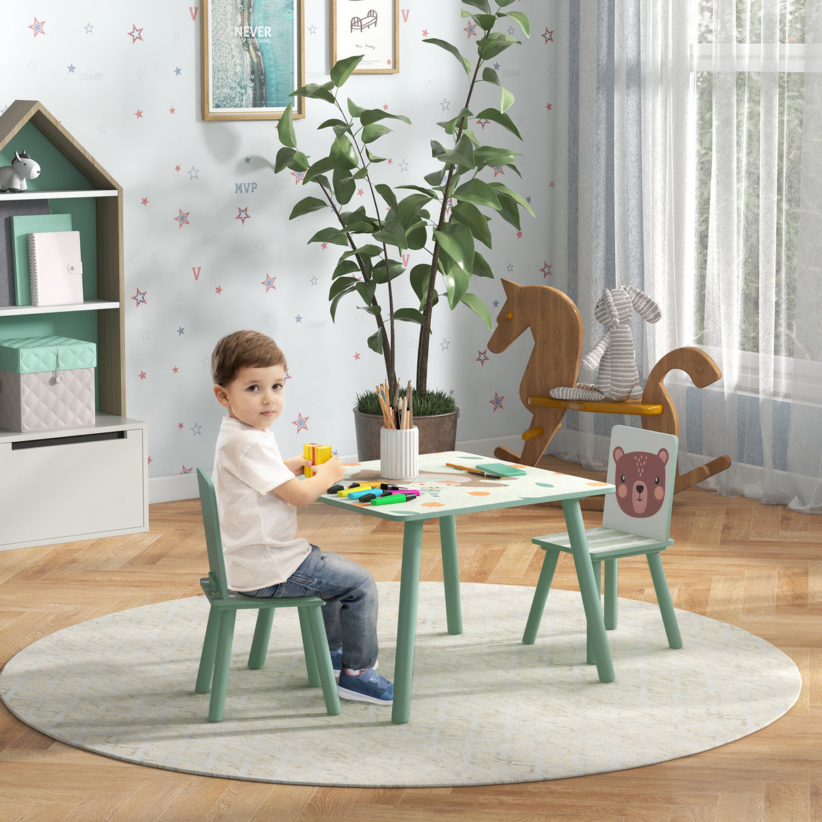 Children's table and chair set for ages 3-8, 1 table & 2 chairs, cute animal motif, green (2)