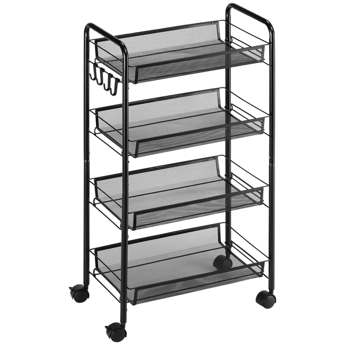 Rolling cart with 4 hanging baskets, serving trolley on casters, mobile, removable hooks, steel, 45 x 26.5 x 84