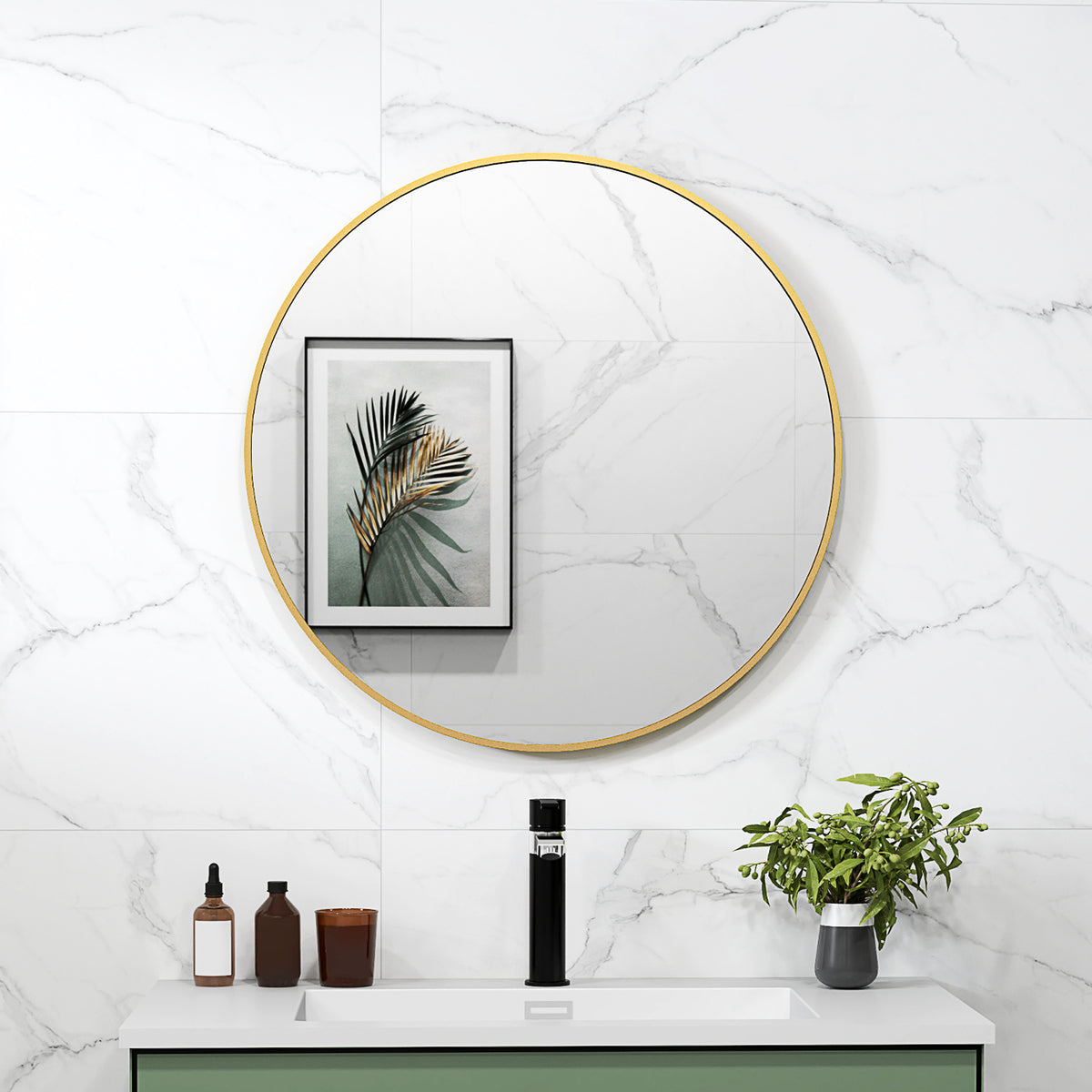 70 x 70 cm round bathroom mirror, wall-mounted, gold-colored frame (2)