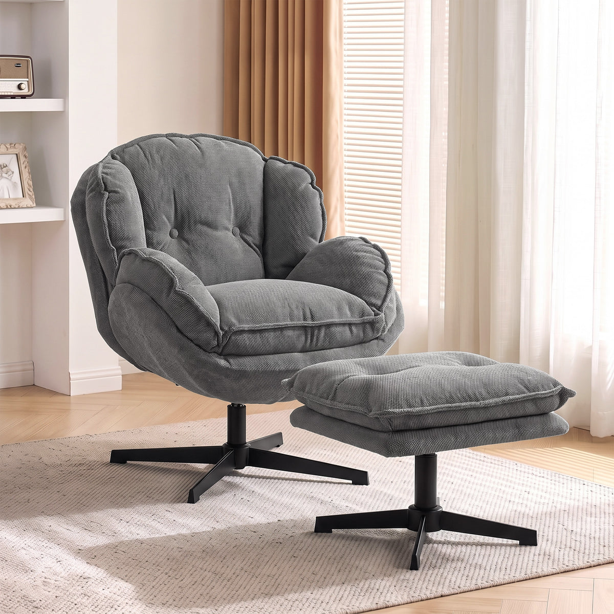 Armchair with adjustable footstool, 360° swivel, chenille upholstery, thick padding, gray (2)