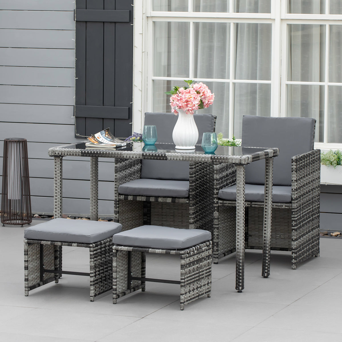 Poly-rattan dining set for 4 people, garden furniture set with cushions, grey (2)