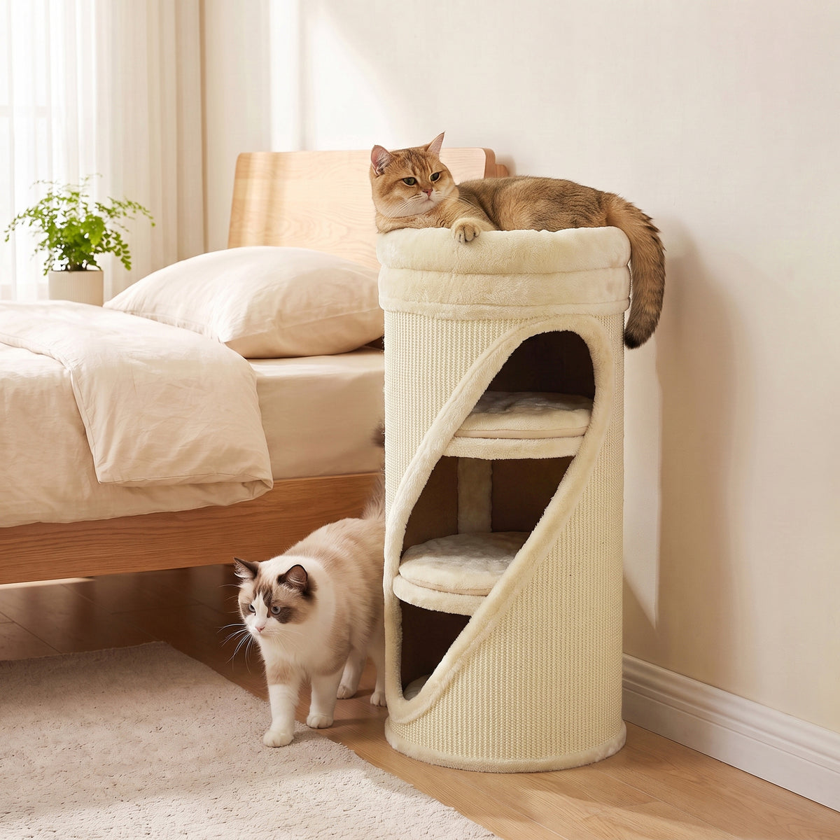 Scratching barrel, 75 cm high, Ø 35 cm, 4-tier cat barrel with 3 caves, removable washable plush bed, sisal (2)