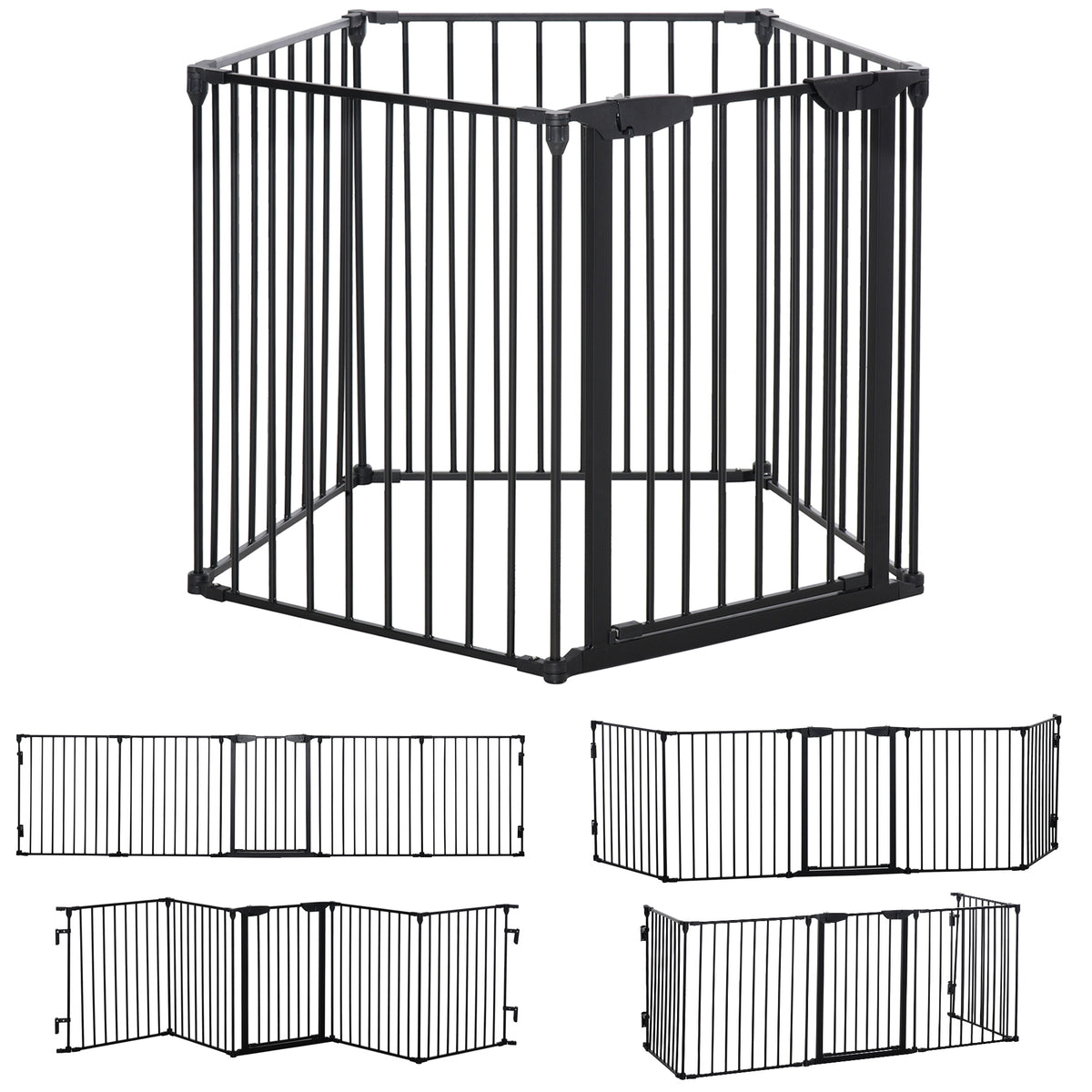 2-in-1 Barrier Gate, Pet Playpen, Safety Gate, Foldable, Metal, 300 x 3 x 74.5 cm, Black