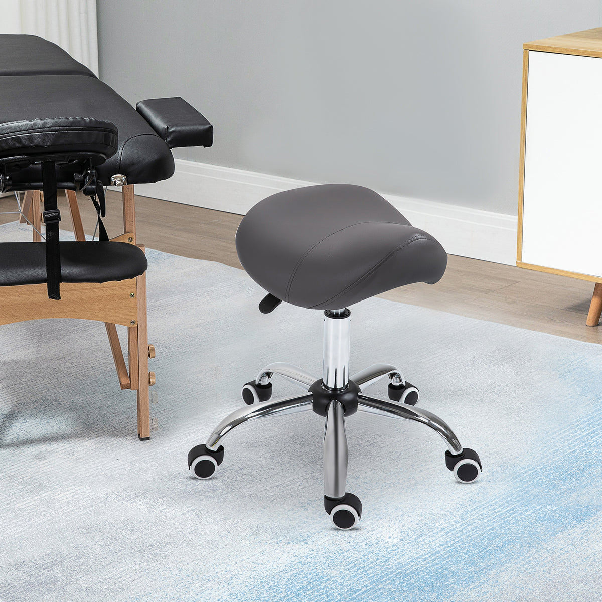 Rolling stool, saddle-shaped seat, height-adjustable, 360° swivel, faux leather, dark grey, 53 x 52 x 49-61 cm (2)