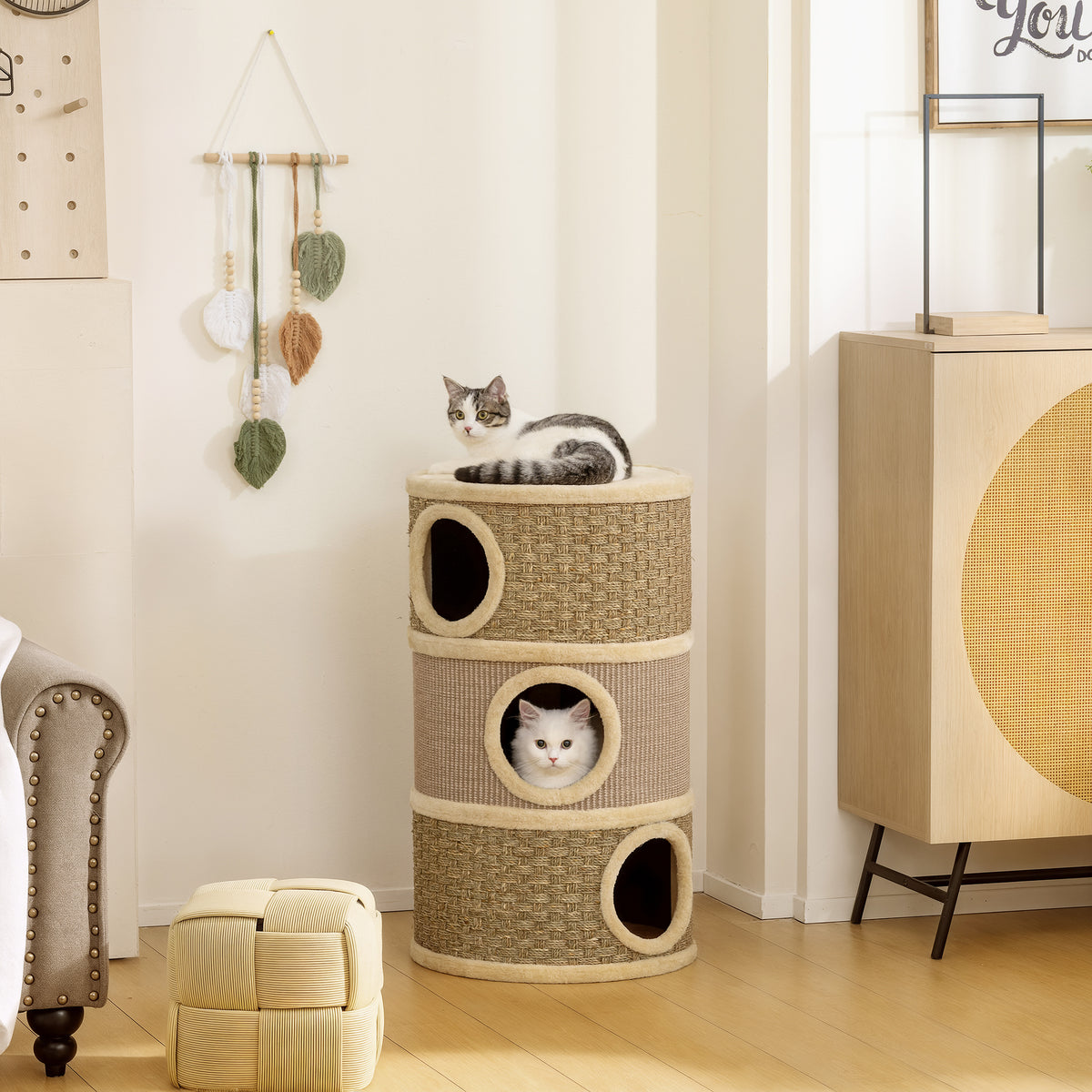 Scratching barrel, 79 cm high, Ø45 cm, three-story cat barrel with sisal rope, cat cave, for large cats (2)