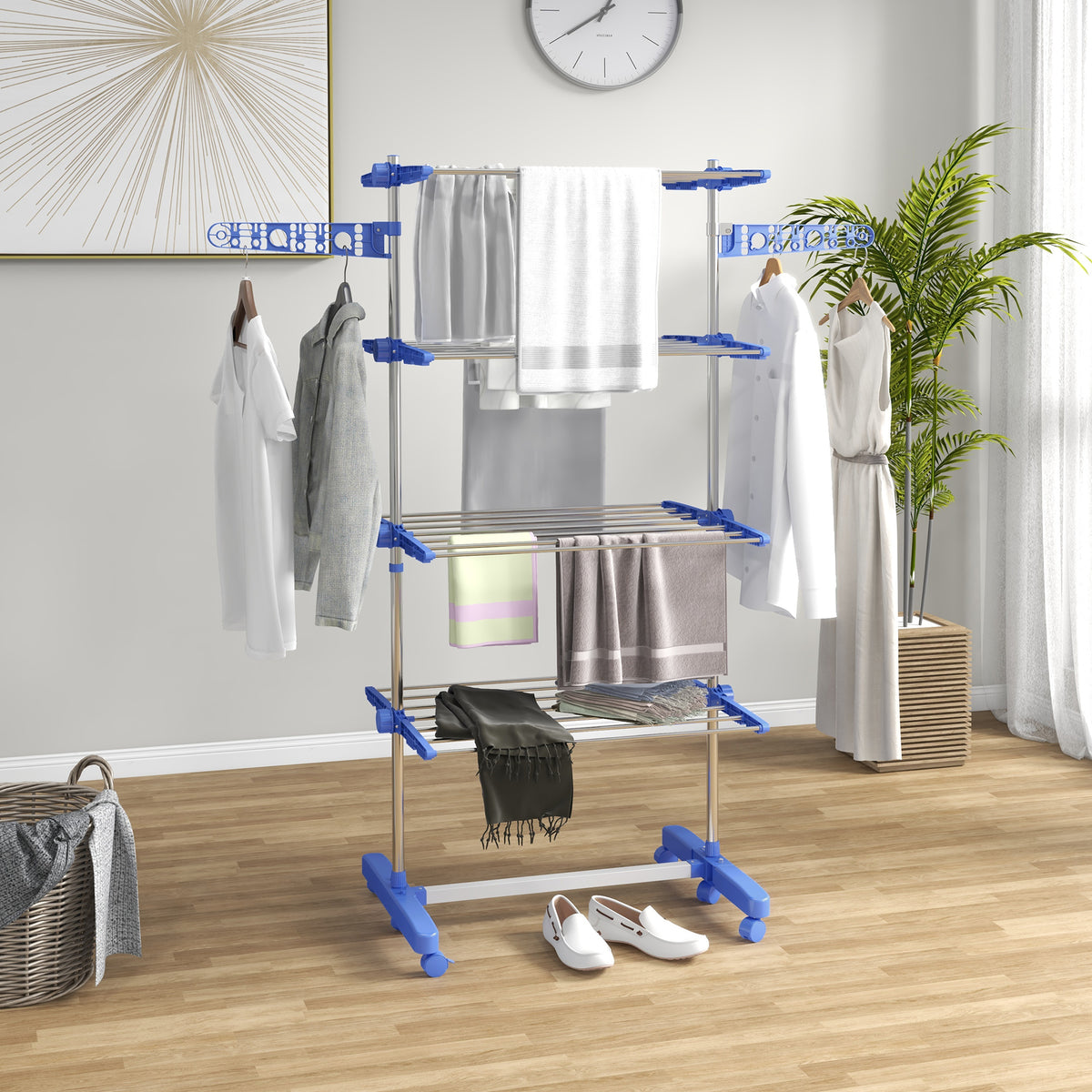 Laundry rack, clothes dryer, 5 levels, foldable, one-click system, 142 cm x 55 cm x 172 cm, blue + silver (2)