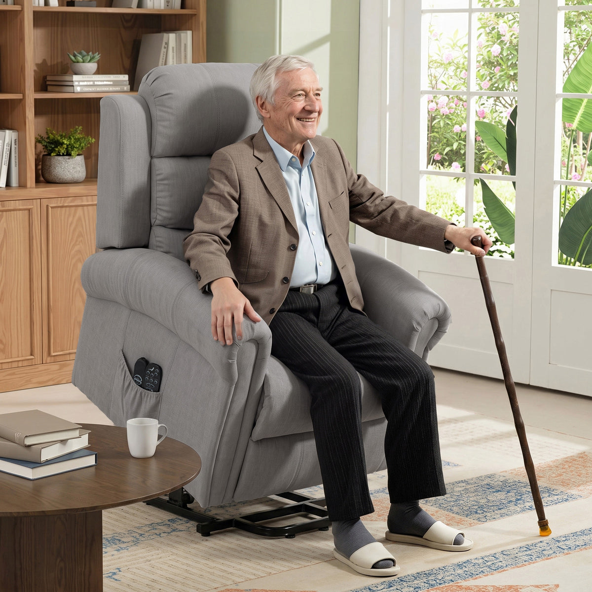 Massage chair with lift assist, recliner, vibration motors, with tilt function, linen look, light grey (2)