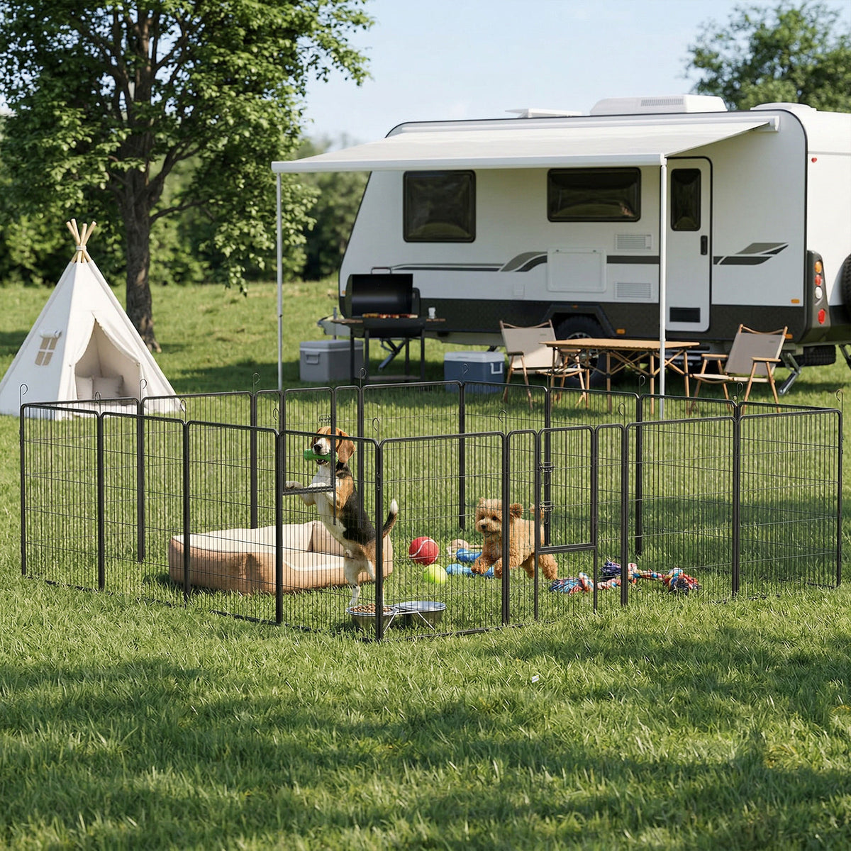 Puppy playpen, modular design, 16 panels, 2 doors, weatherproof, steel, 3.2 x 3.2 x 1 m, grey (2)