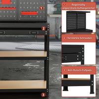 Workbench 80 x 40.5 x 155 cm tool bench with pegboard, hooks, drawer, 2 shelves for workshop black (7)