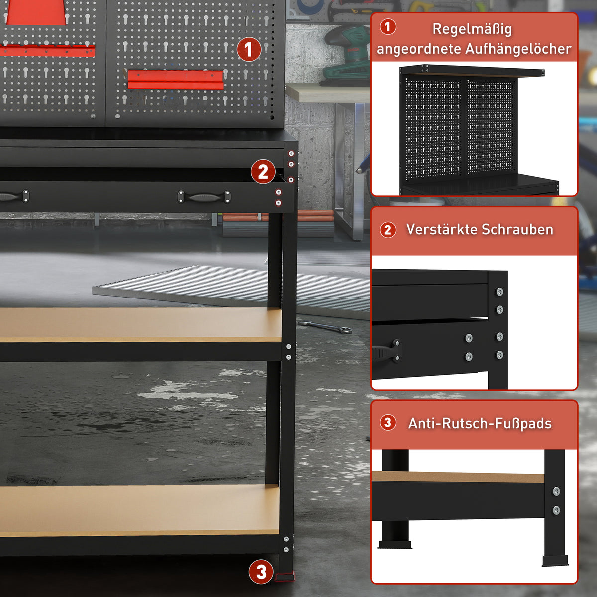 Workbench 80 x 40.5 x 155 cm tool bench with pegboard, hooks, drawer, 2 shelves for workshop black (7)