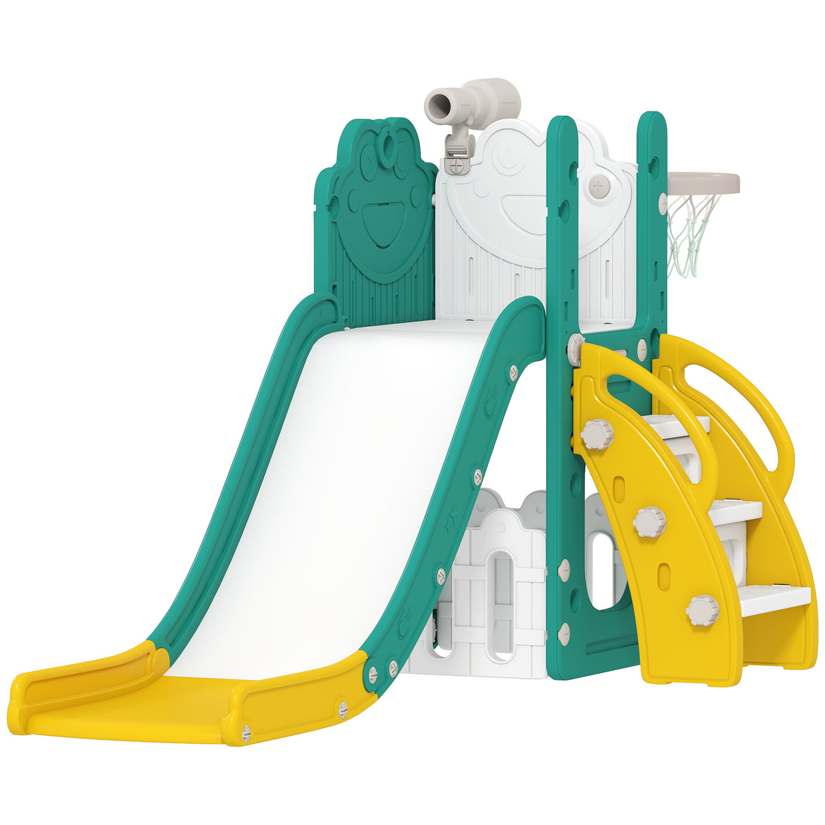 5-in-1 children's slide set, telescope, basketball hoop, plastic, yellow+green