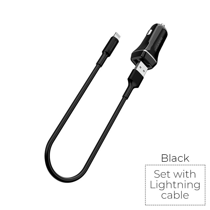 Borofone - Car charger 2x USB, Lightning cable included, black – packaging