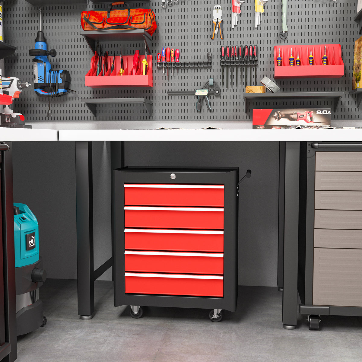 Tool chest, tool cabinet, mobile, 5 drawers, sheet steel, black+red (2)