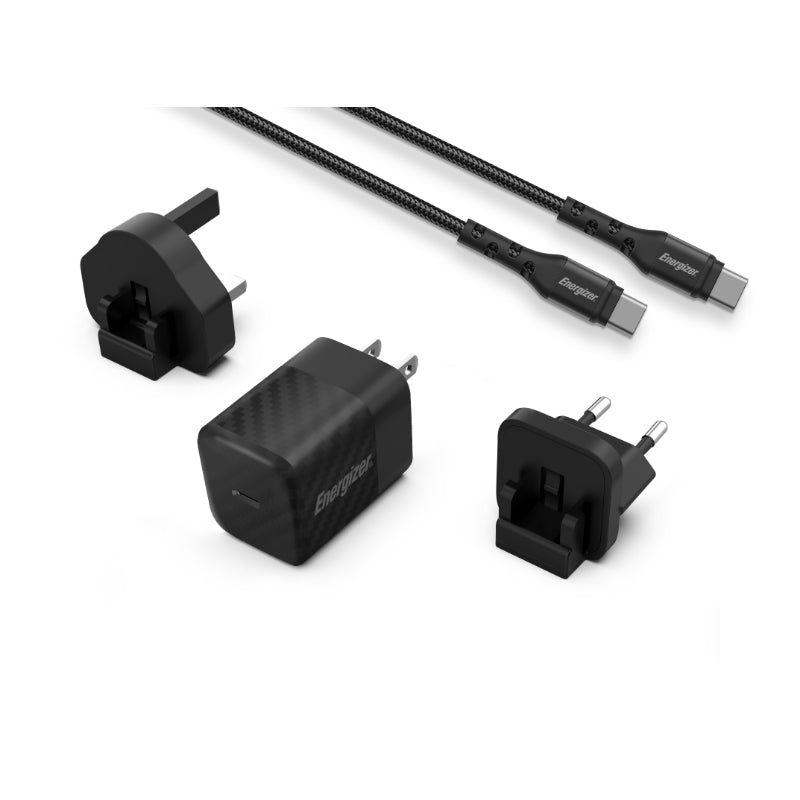 Energizer Ultimate - Multi-plug EU / UK / US GaN 20W PD wall charger + USB-C cable (black)