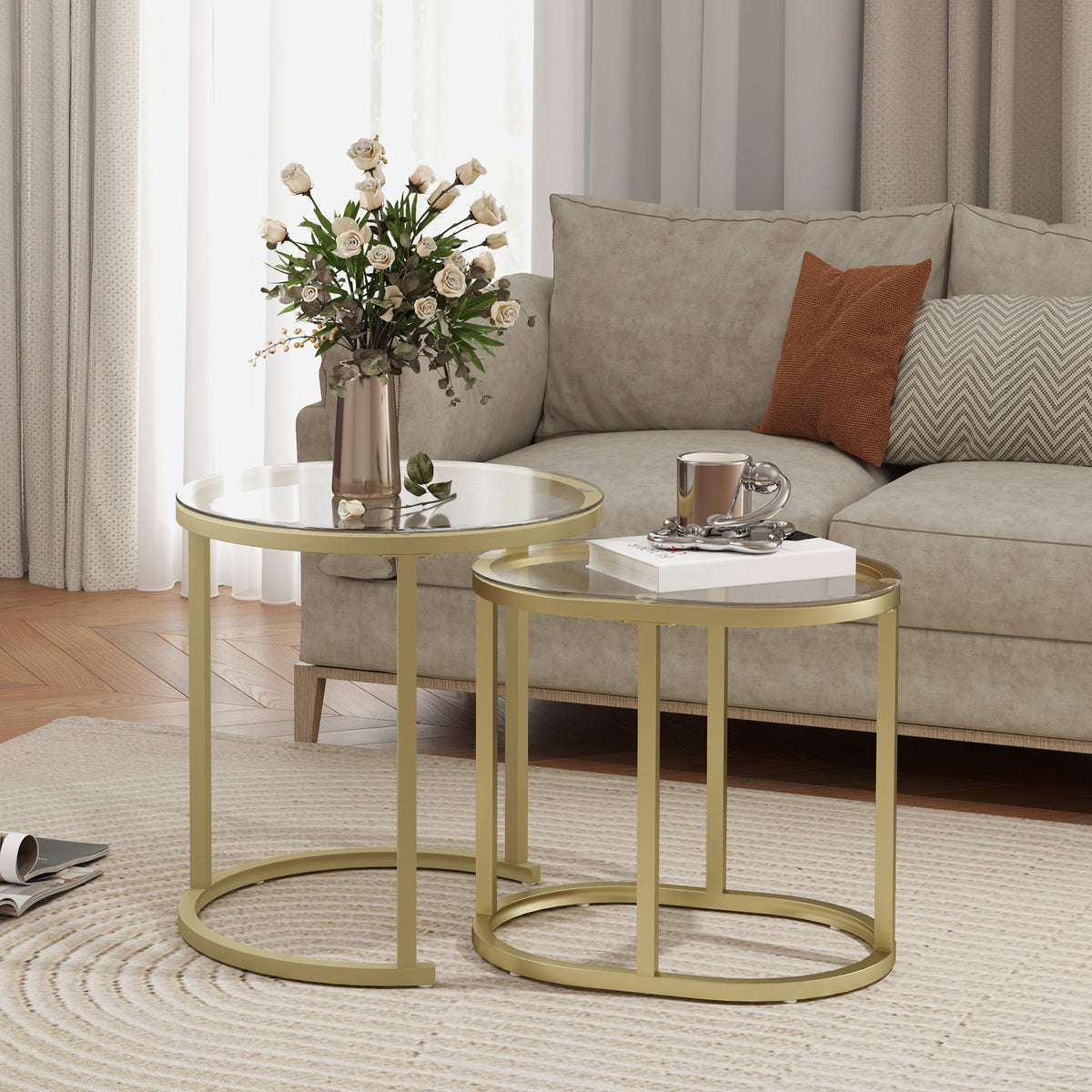 2-piece coffee table set, oval and round coffee table, stackable, steel, Ø50 x 50.5H cm, gold (2)