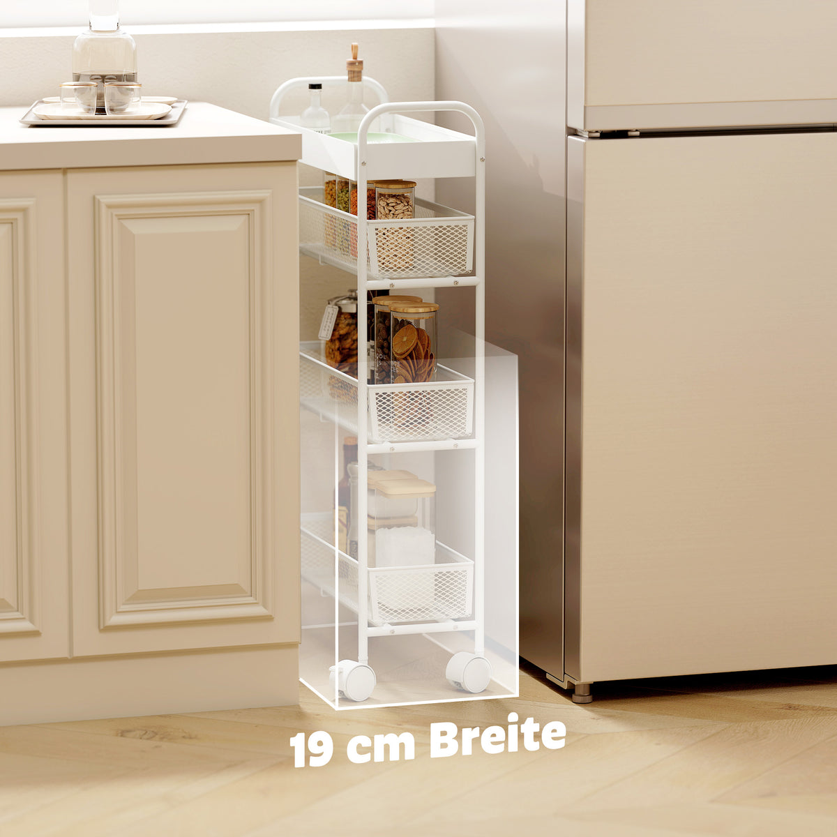 Metal kitchen trolley, 3 baskets, narrow design, 4 wheels, for kitchen, living room, bathroom, white (6)