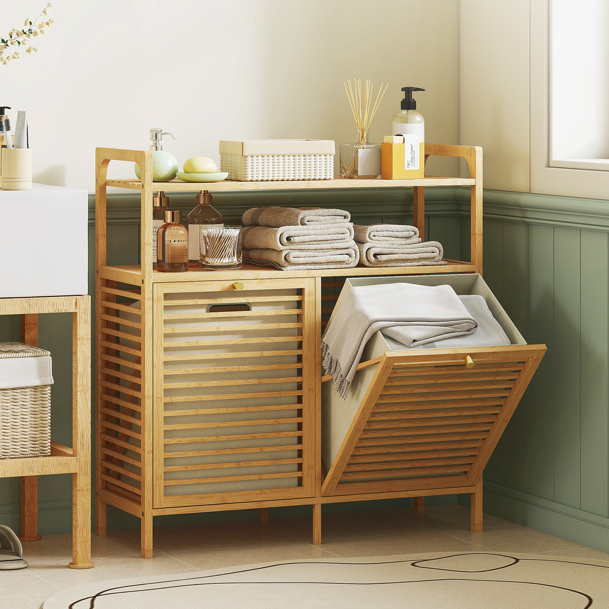Laundry shelf with 2 laundry baskets, freestanding bamboo shelf for bathroom, laundry room, natural wood + cream (2)