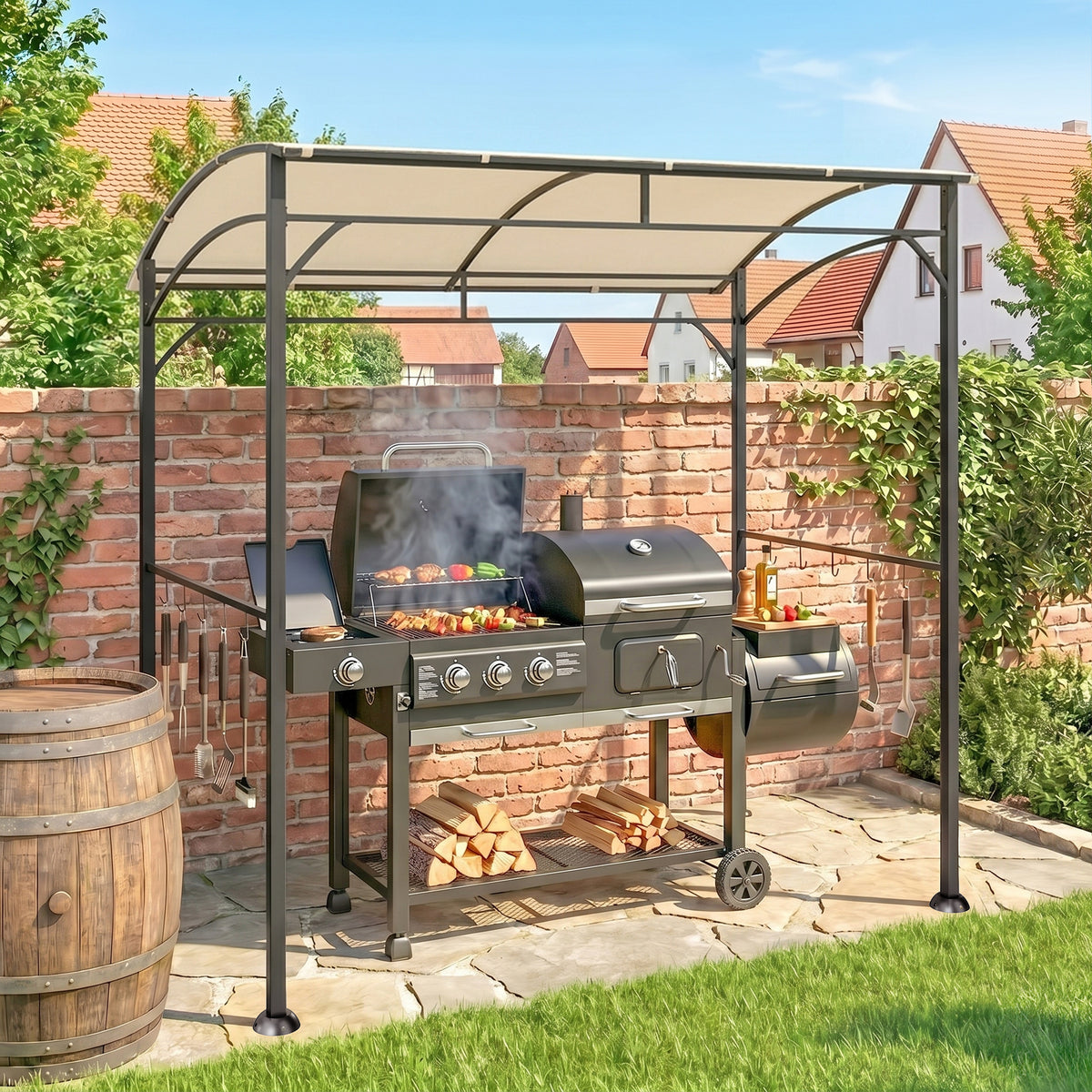 Grill gazebo, grill canopy, rain protection, hooks for utensils, steel frame, beige+black, 215 x 150 x 182/220 (2)