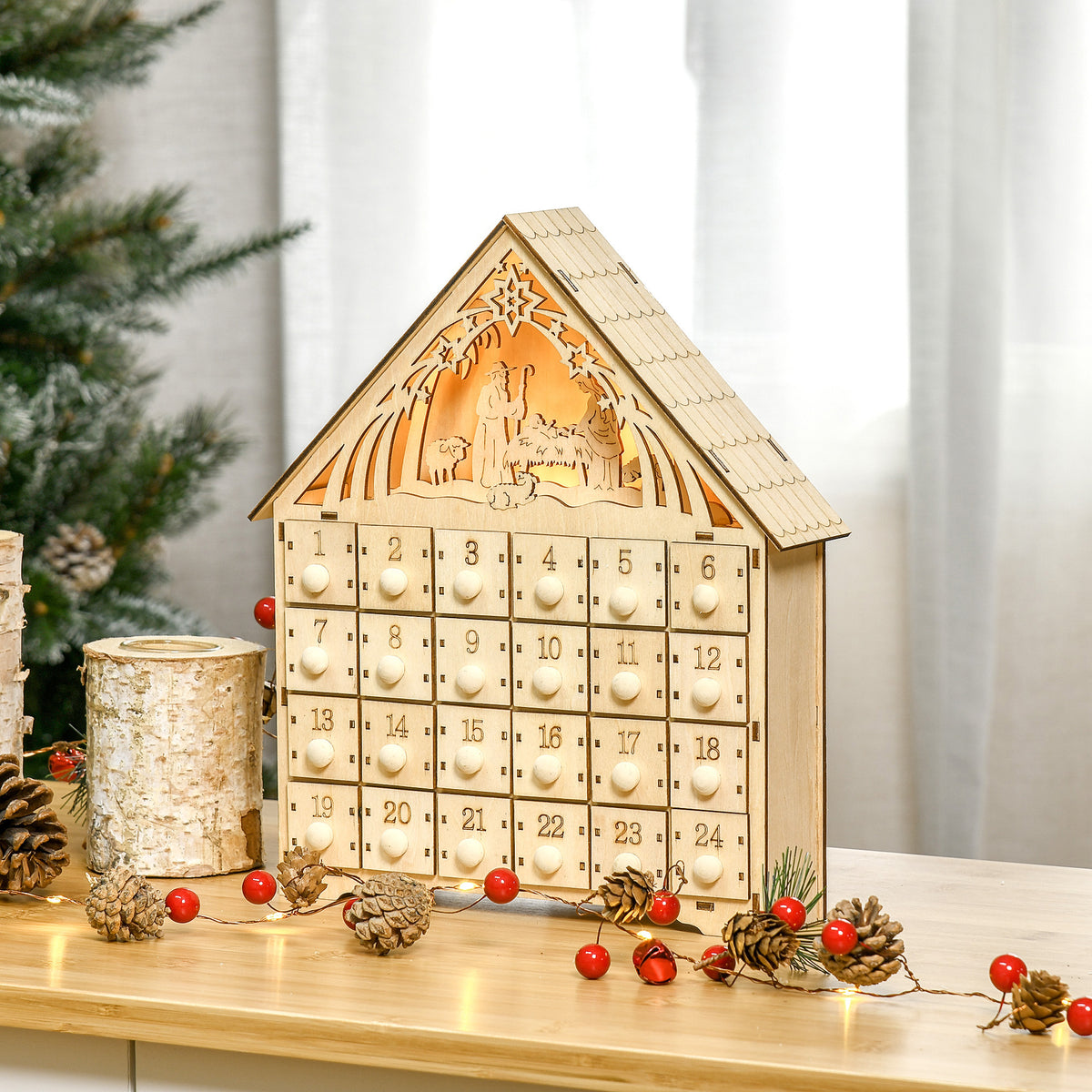 Advent calendar with LED lighting, 24 drawers, nativity scene, 26.6x6x30 cm, wood look (2)