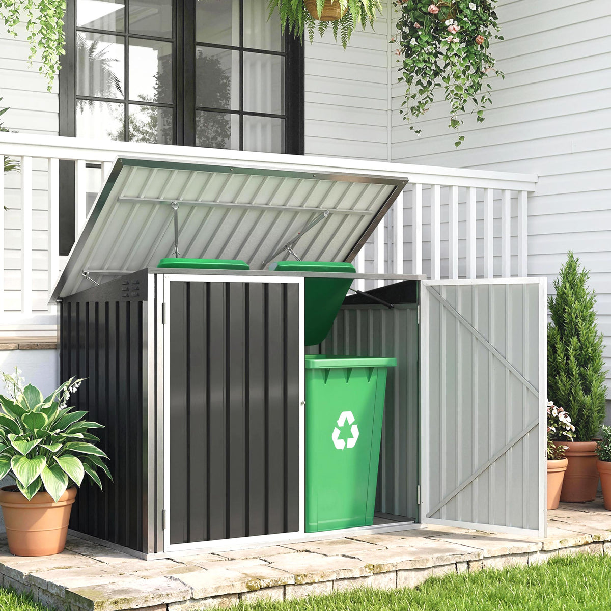 Wheelie bin storage for 2 bins, made of galvanized steel, trash bin enclosure with hinged lid, gas strut, double (2)
