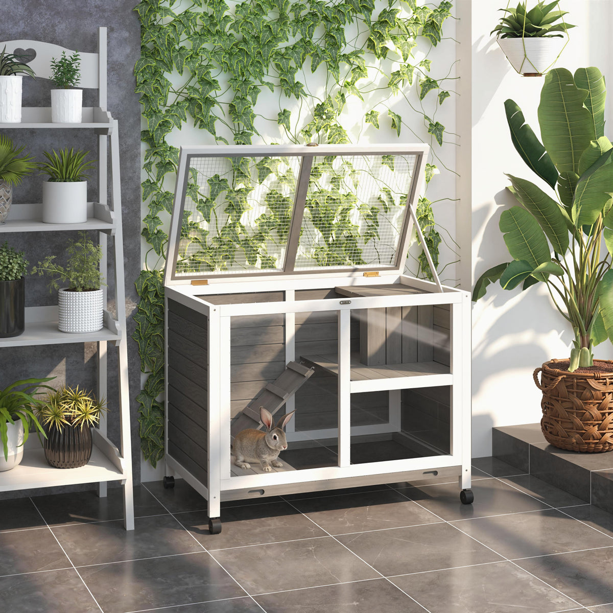 Small animal hutch with 2 levels, 4 casters, sealed fir wood, grey (2)