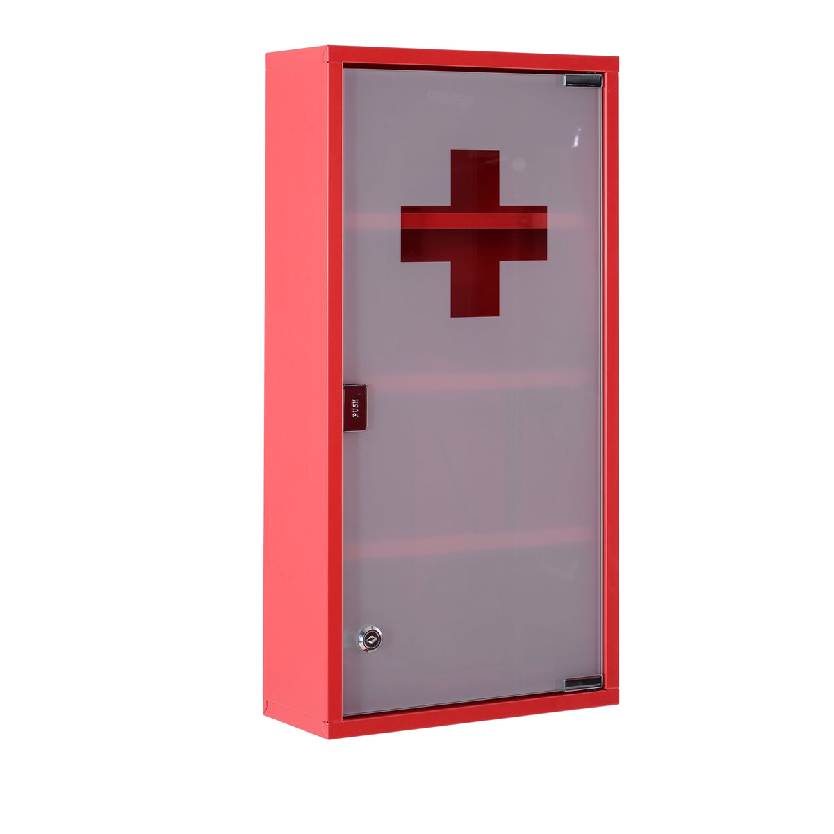 Lockable medicine cabinet, medical cabinet with 4 shelves, glass door, steel, 60 x 30 x 12 cm, red